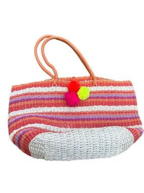 Striped Woven Straw Beach Tote Bag with Pom Poms